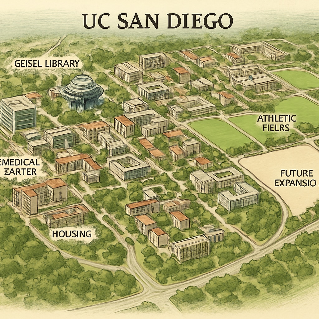 Aerial view of UC San Diego campus showcasing its sprawling layout and future expansion potential. UC San Diego campus aerial view highlighting university growth opportunities.