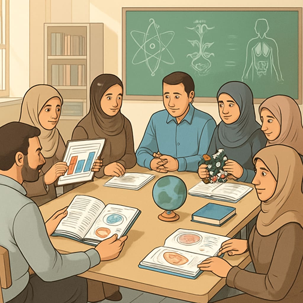 A group of teachers in Gaza attending a professional development workshop on science education, emphasizing the role of teacher training. Teachers in Gaza participating in a science education training workshop.