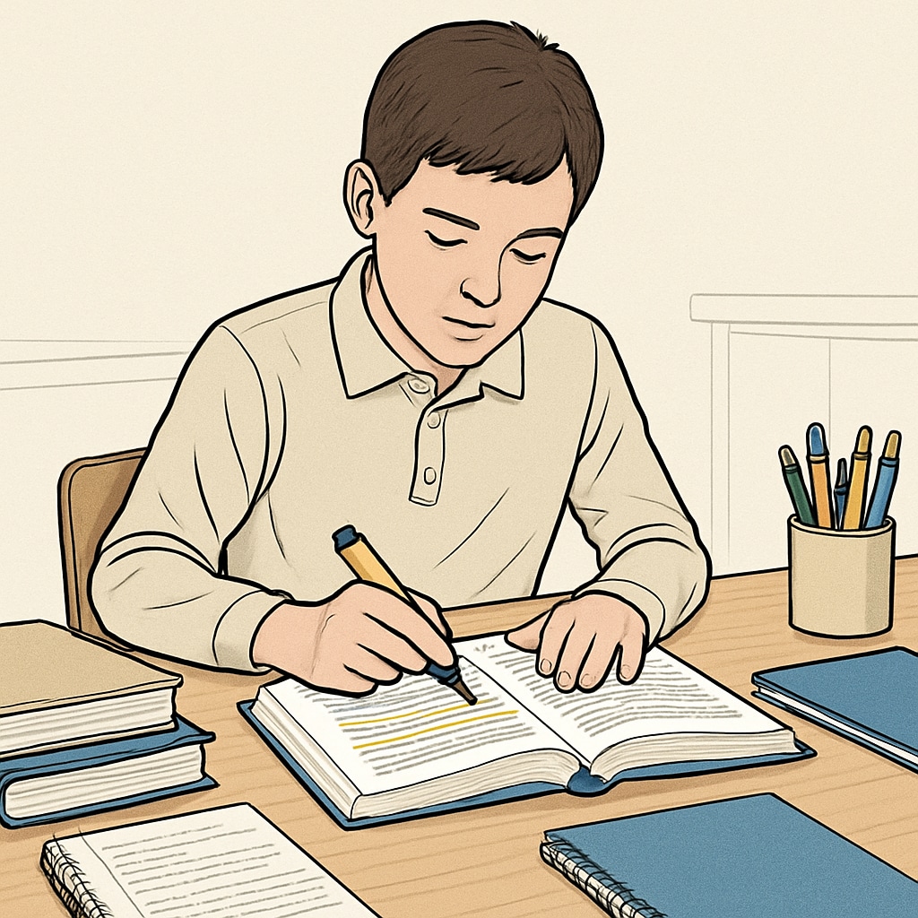 A student highlighting notes while reading a textbook, symbolizing active learning strategies. Learning methods for teens - a student using active recall techniques.