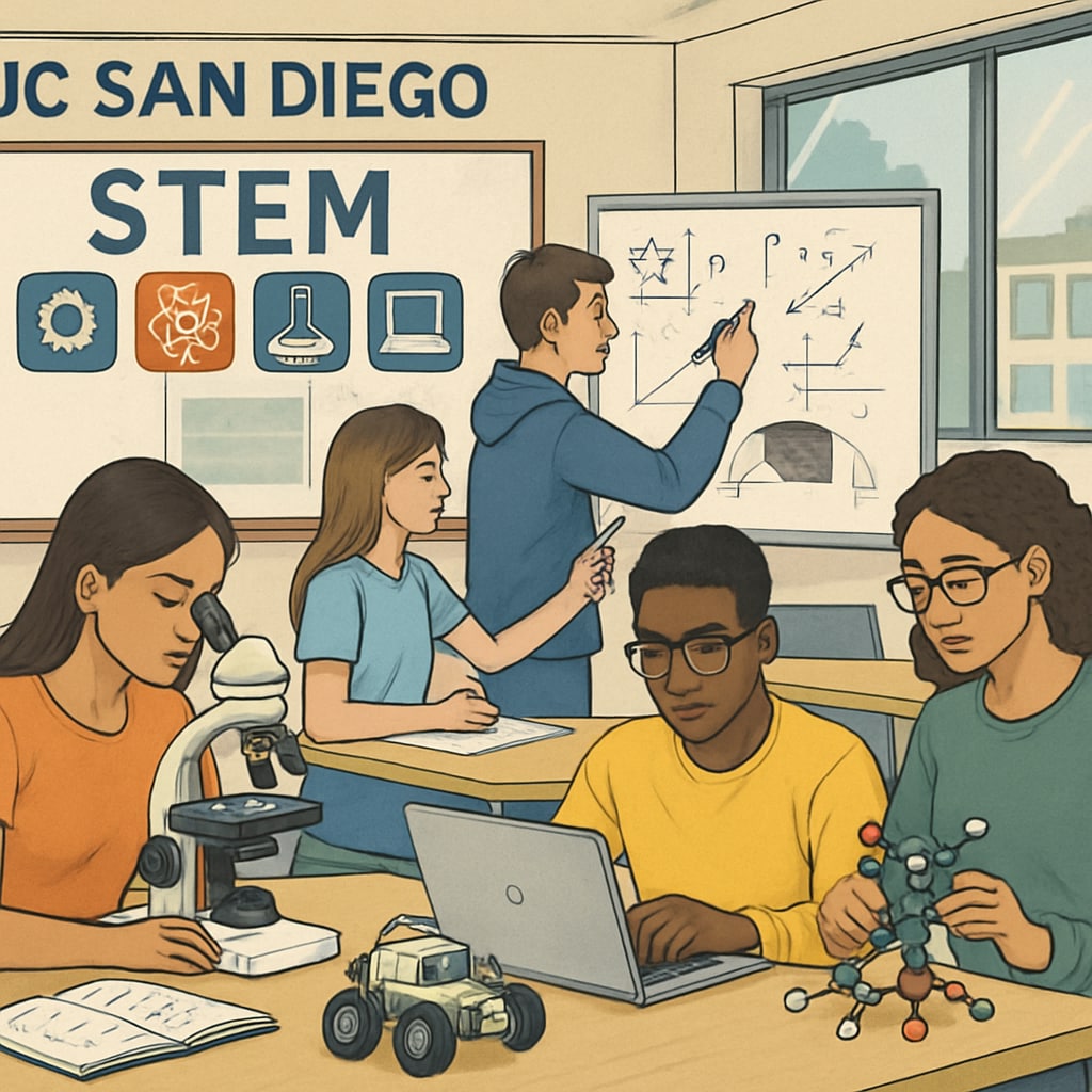 Students engaging in STEM activities in a modern classroom, representing the preparation for UC San Diego's academic demands. STEM classroom activities preparing students for UC San Diego’s academic challenges.