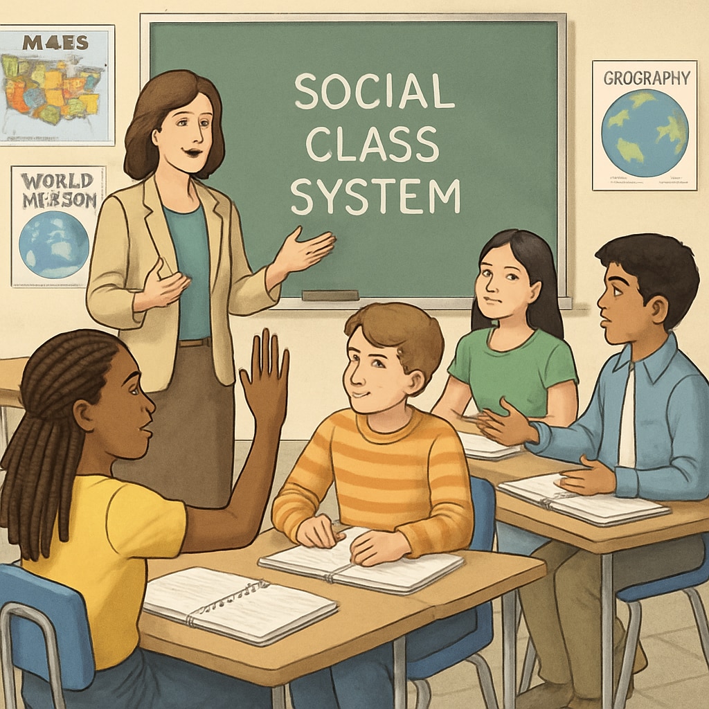 Students discussing social class systems in a classroom.