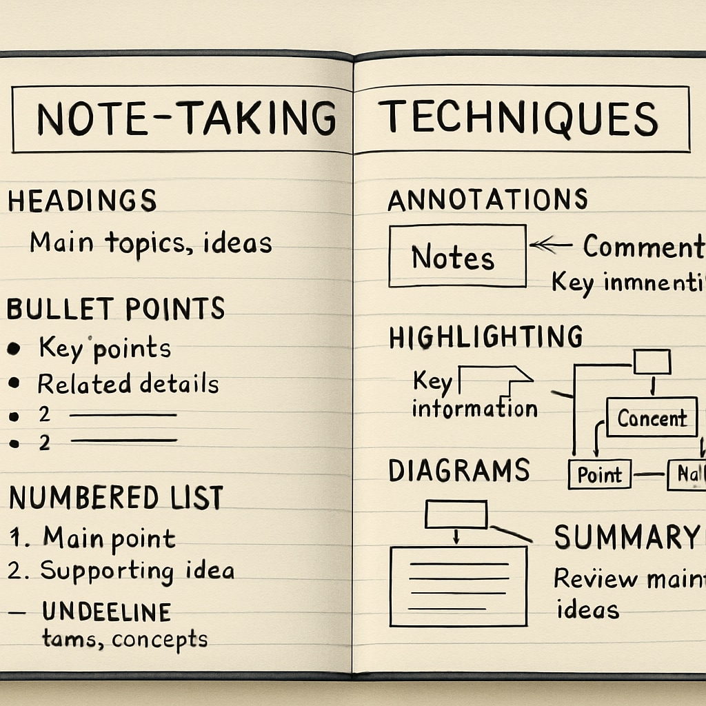 A notebook with organized handwritten notes, illustrating efficient note-taking techniques. Memory skills and note-taking for teen learners, showing effective organization.