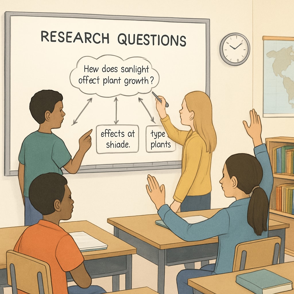 Students brainstorming research questions in a classroom setting.