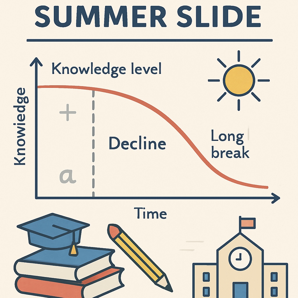 A chart or graphic illustrating the concept of the Summer slide illustration with knowledge retention rates dropping over long breaks