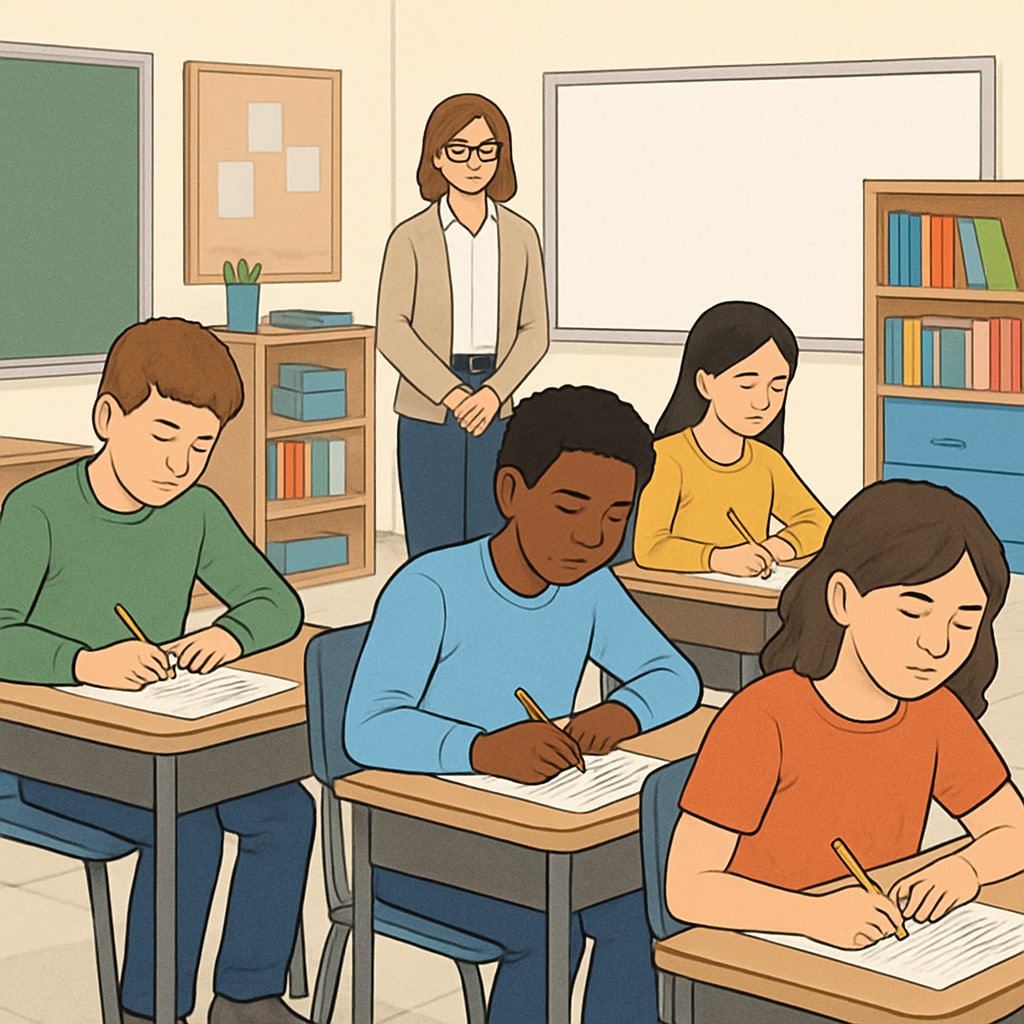 Modern classroom with students taking a standardized test.