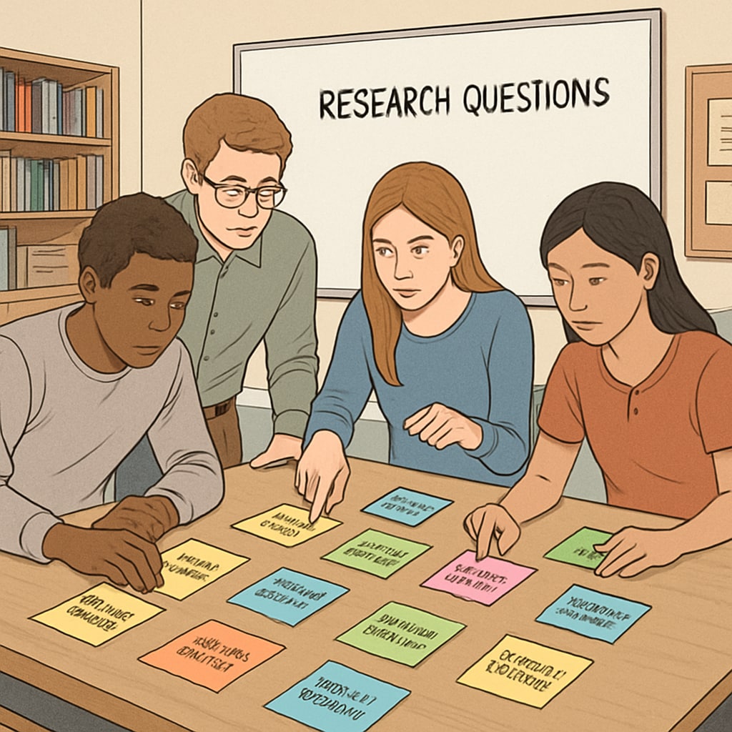 K12 students organizing research questions with sticky notes.