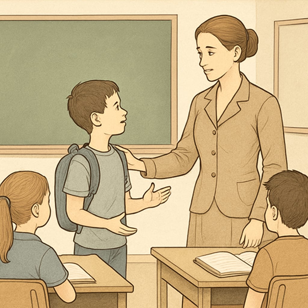 Teacher engaging with students in a balanced classroom environment.