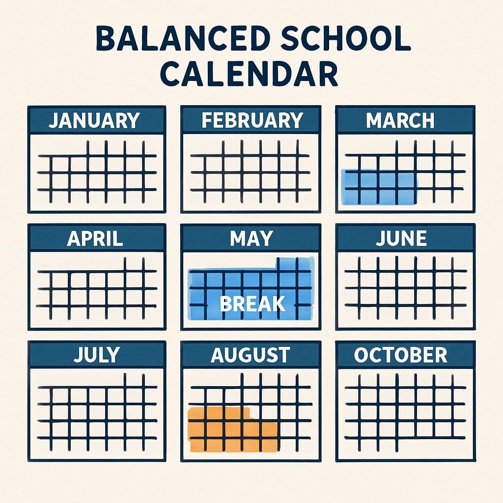 A balanced school calendar graphic displaying evenly distributed breaks throughout the year. Balanced school calendar with evenly distributed breaks