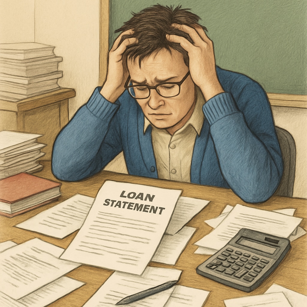A stressed teacher sitting at their desk, surrounded by loan statements and a calculator. Stressed teacher reviewing student loan payments under SAVE Plan changes.