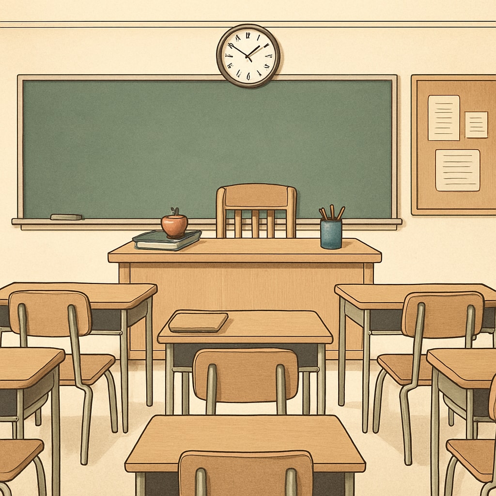 A classroom with empty teacher's desk, symbolizing the impact of financial pressures on educators. Empty teacher's desk highlighting challenges in K-12 education due to student loan changes.