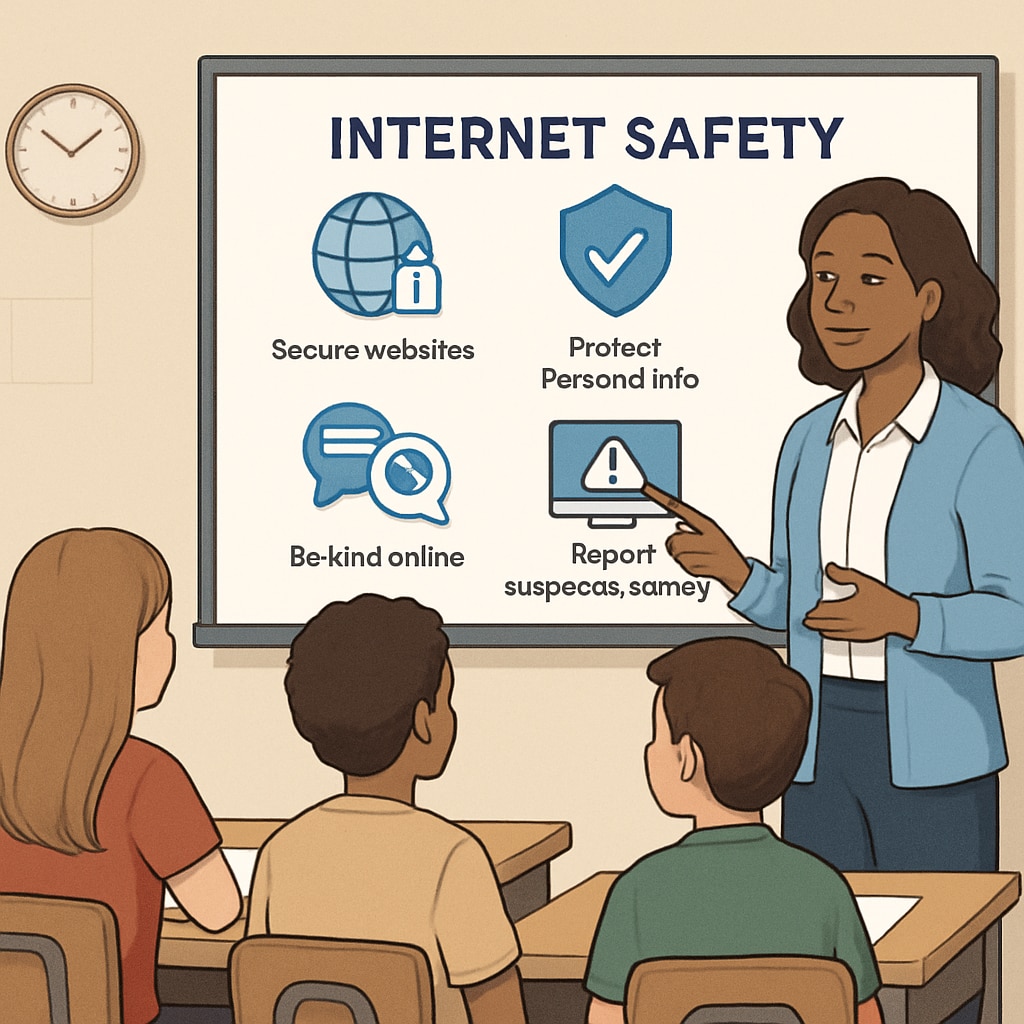 A teacher guiding students through a lesson on internet safety and responsible digital behavior. The image highlights the importance of digital literacy in education. A classroom scene with a teacher explaining online safety to K12 students.