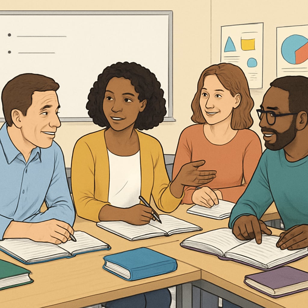 Adult learners in a classroom, collaborating to overcome early education deficits.