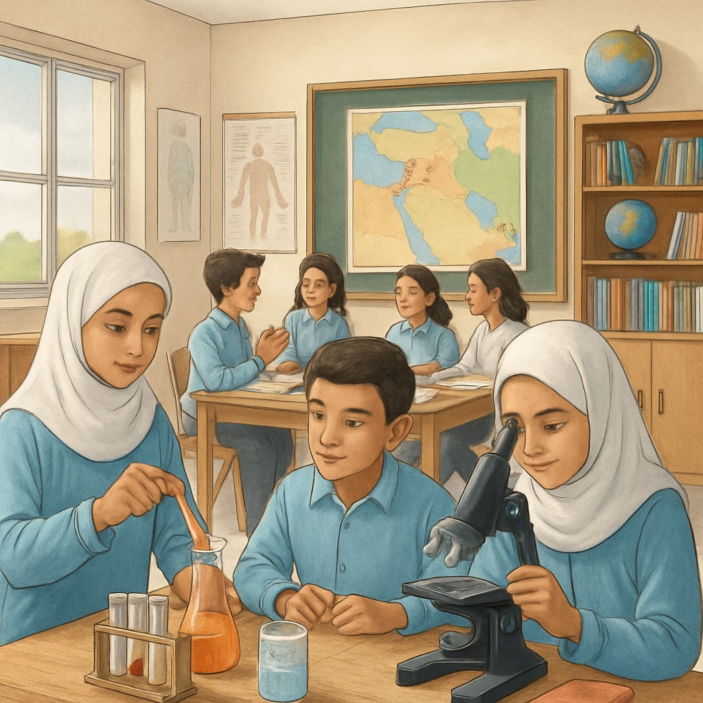 Rebuilt classroom in Gaza focusing on science and social studies curriculums