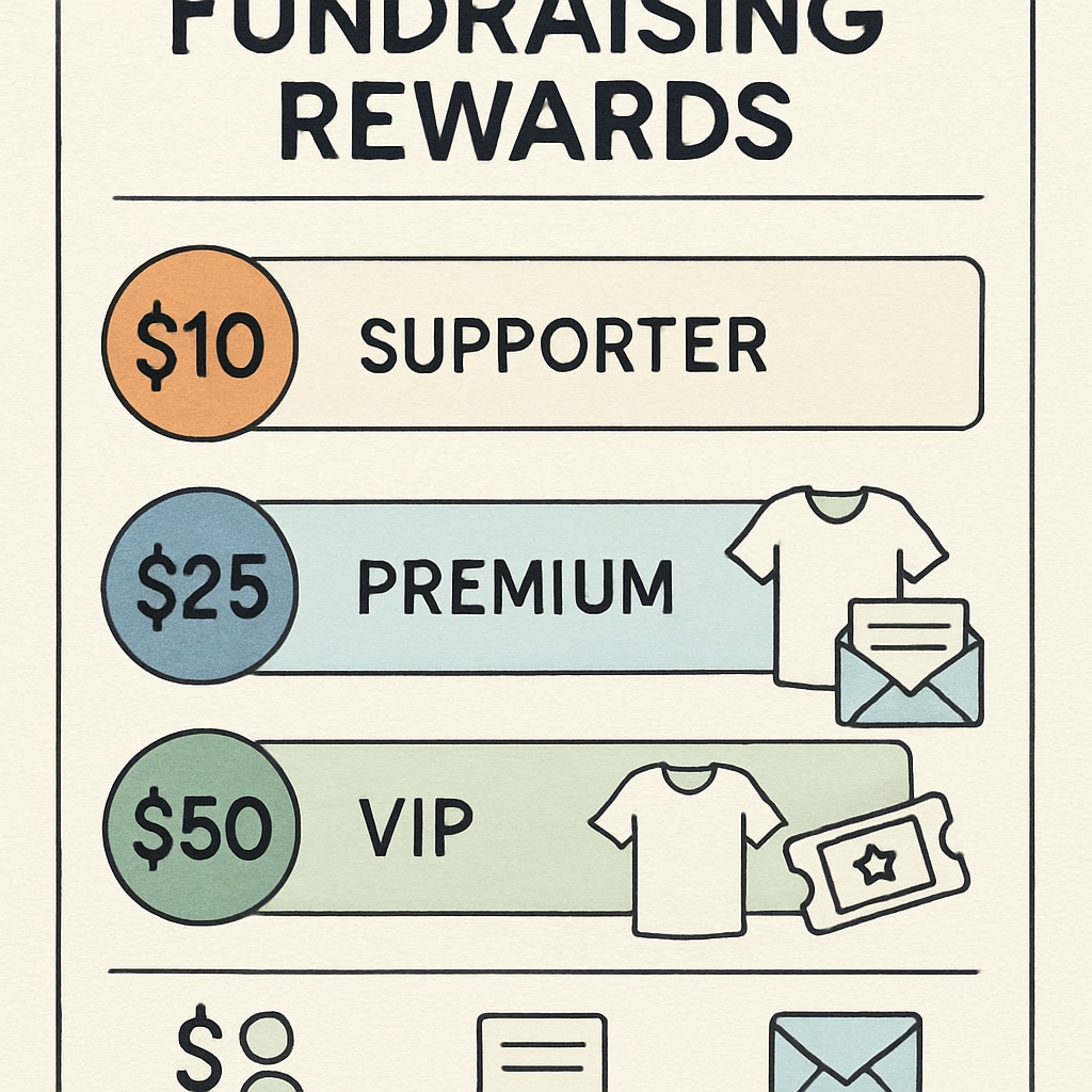 A school fundraising poster illustrating tiered rewards based on money raised, showcasing potential economic divide.