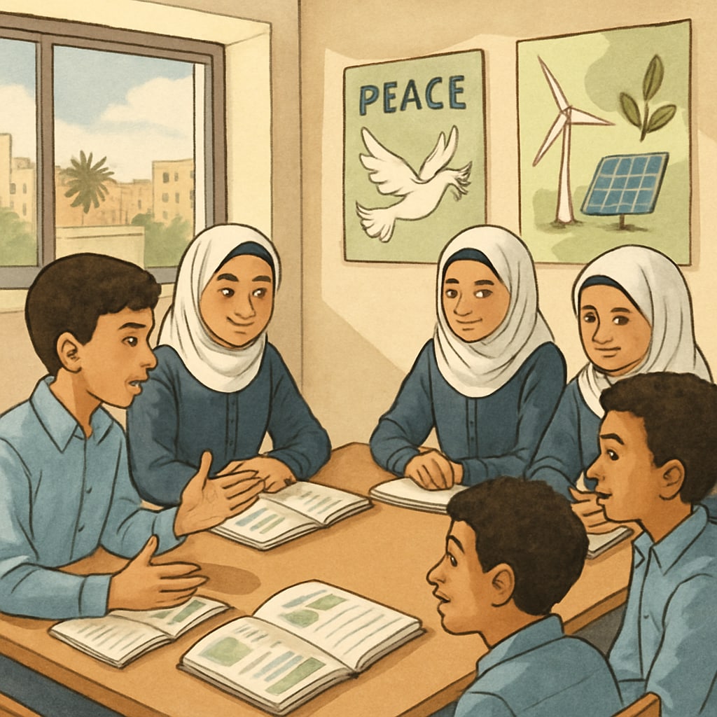 Gaza students discussing peace and sustainability in a classroom setting