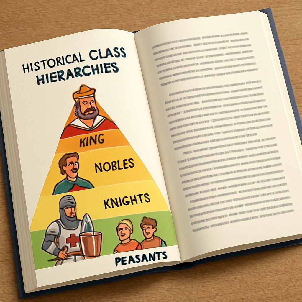 An open sixth-grade social studies textbook displaying a diagram of historical class hierarchies, such as feudal systems. A textbook featuring diagrams of feudal class structures, related to social class systems and education.