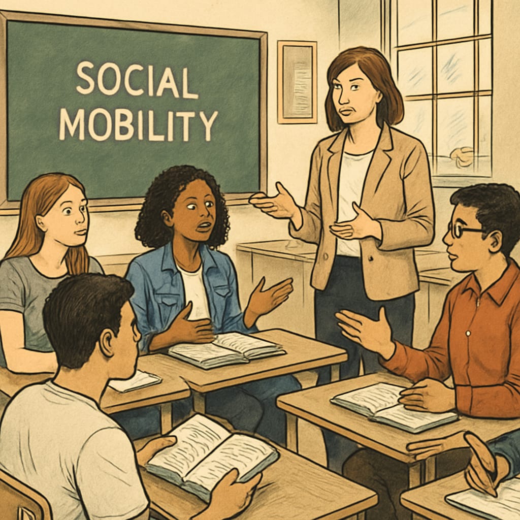 A classroom scene showing students engaged in a discussion about social mobility, with a teacher facilitating critical thinking. A classroom discussion about social mobility, related to social class systems and educational content.