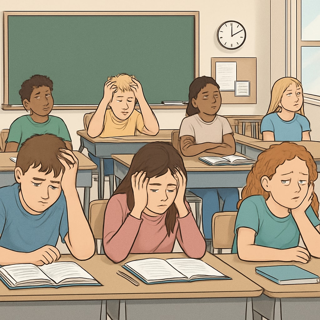An image of students in a classroom, some looking stressed or overwhelmed, while others seem disengaged. Students in a classroom showing signs of stress or disengagement related to societal expectations.