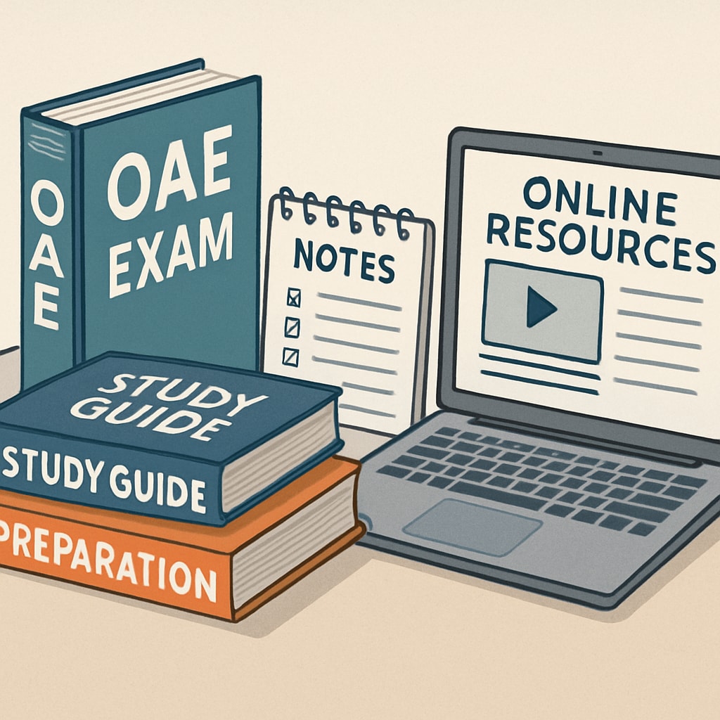 A visual representation of a study guide and prep material specifically designed for the OAE exam, including books, notes, and online resources. Study guide and prep material for the OAE exam