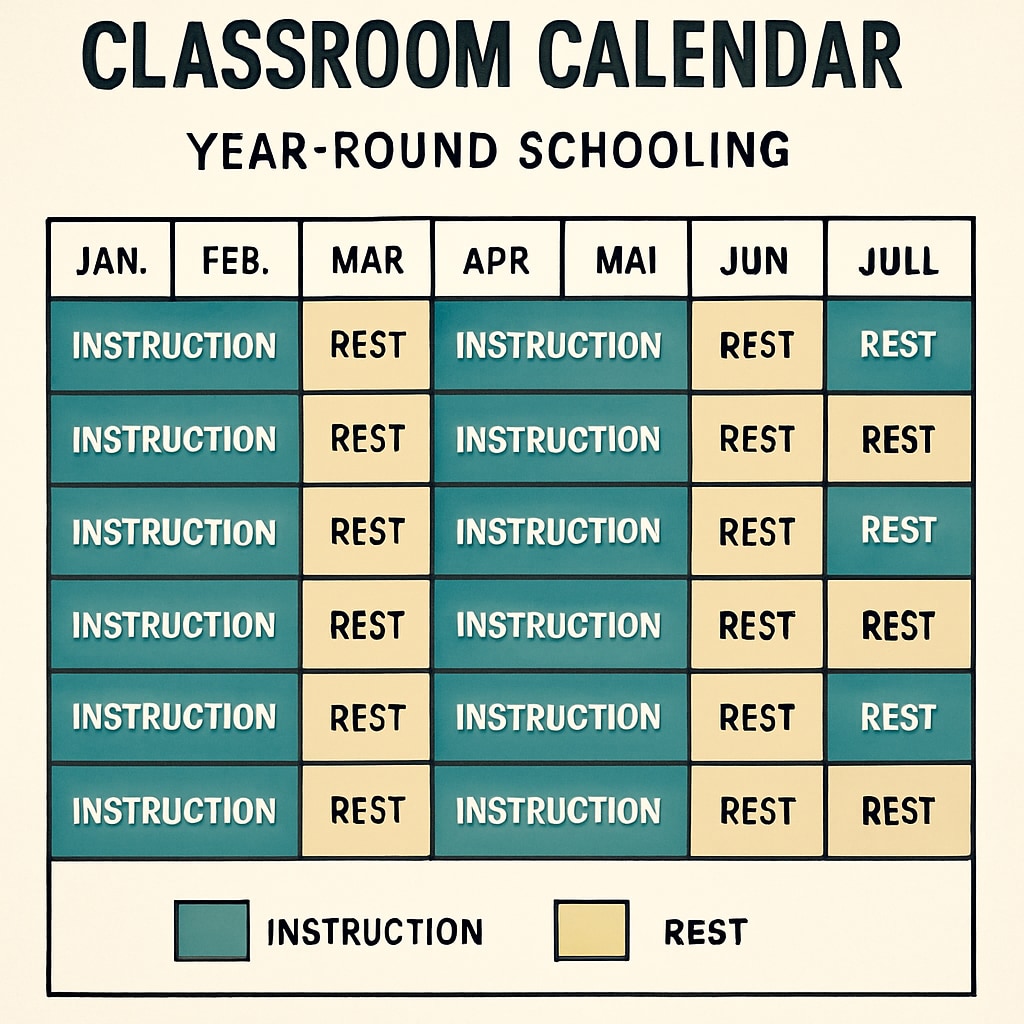 A classroom calendar illustrating a year-round schooling schedule with alternating weeks of instruction and rest. Year-round schooling calendar with alternating instructional and rest weeks.