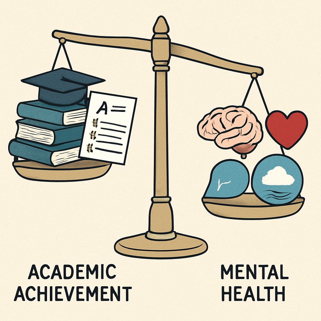 A visual representation of a scale, symbolizing the imbalance between academic achievement and mental health. A scale image highlighting the disparity between academic success and mental health support.