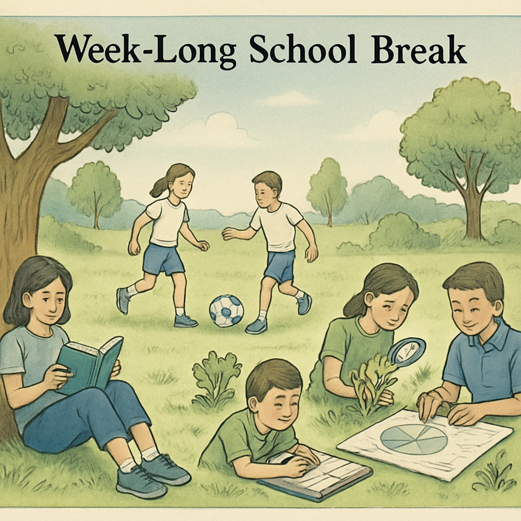 A group of students engaging in outdoor activities during a week-long break from school, illustrating the balance of learning and rest. Students enjoying outdoor activities during a year-round schooling break.