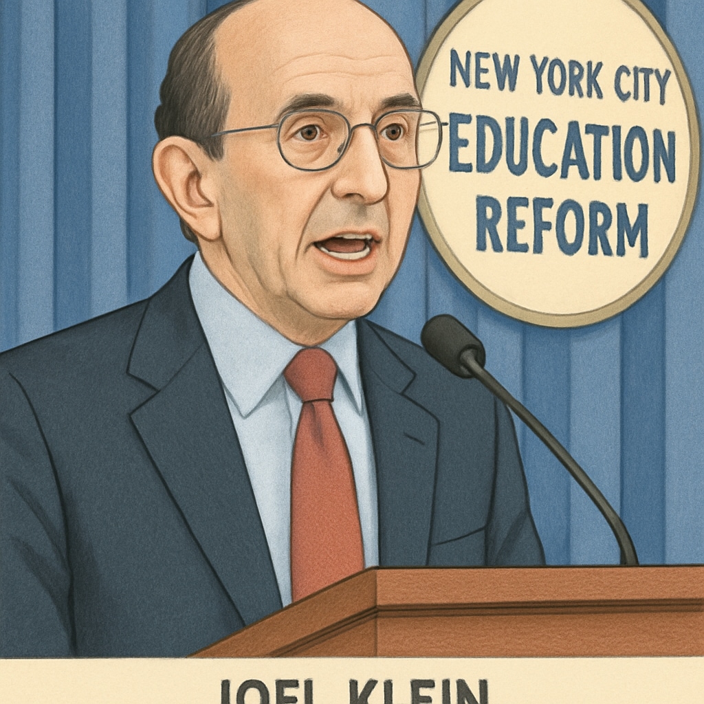A historical photograph of Joel Klein speaking at an NYC education reform event. Joel Klein discussing NYC education reform at a public event.