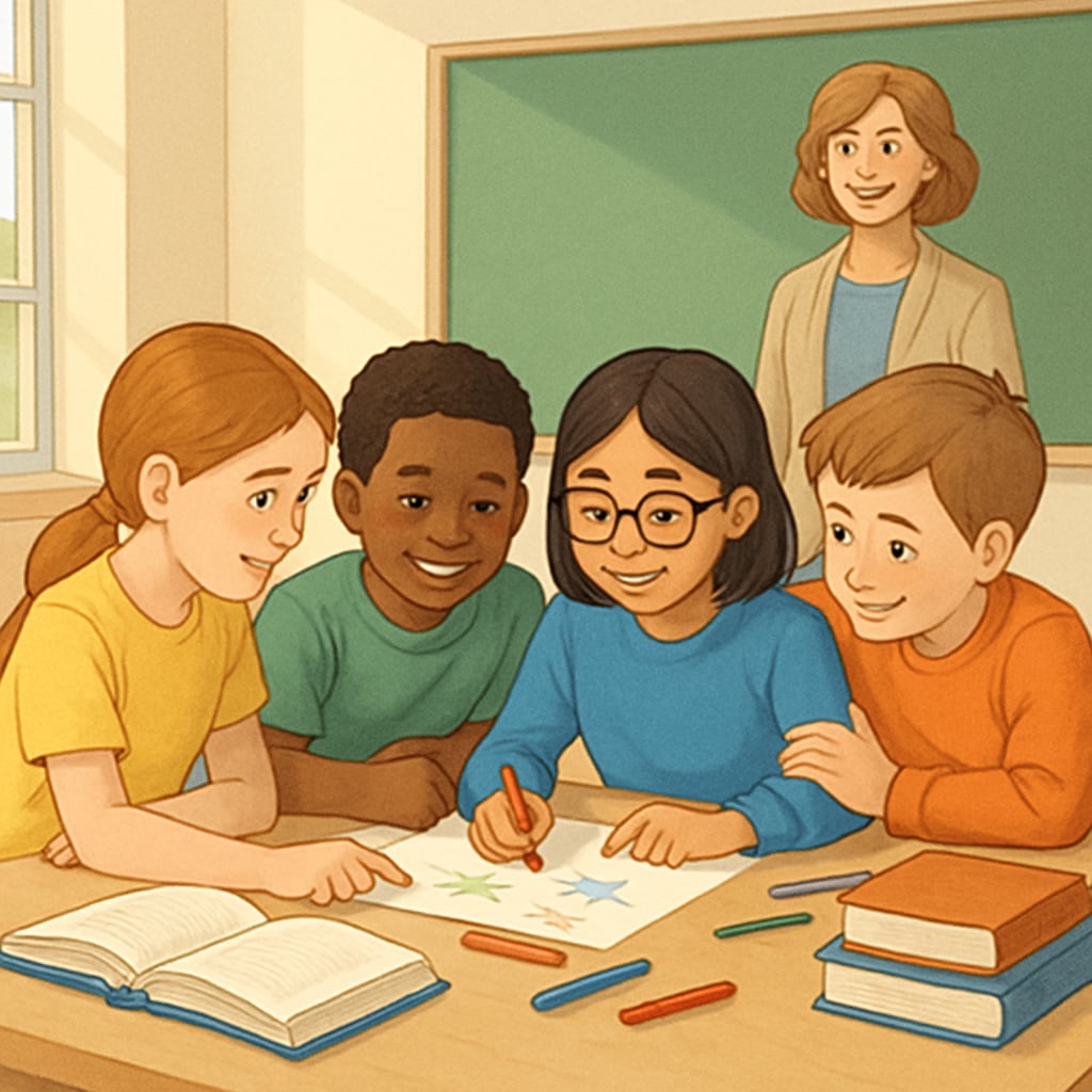 A group of diverse students participating in a classroom activity that encourages teamwork and empathy. Students engaging in teamwork and empathy-building activities in a classroom setting.