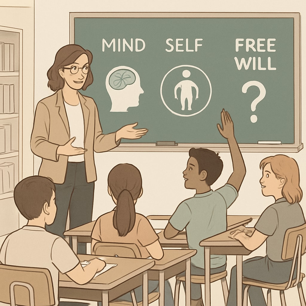 A teacher guiding K12 students in a classroom discussion about psychological and philosophical concepts. Teacher discussing psychology and philosophy with K12 students.