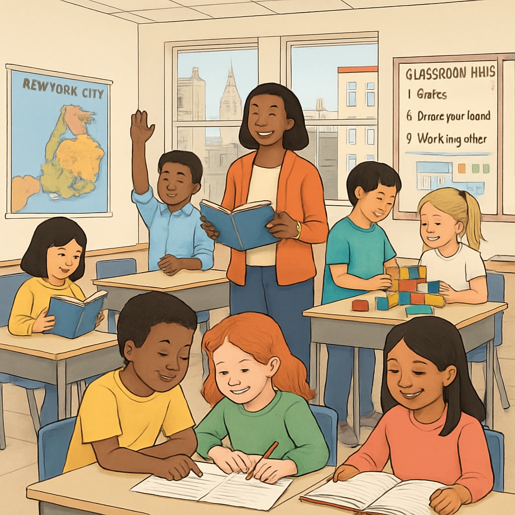 An NYC classroom with diverse students engaged in learning activities. NYC classroom showcasing diverse students and engaging learning environment.