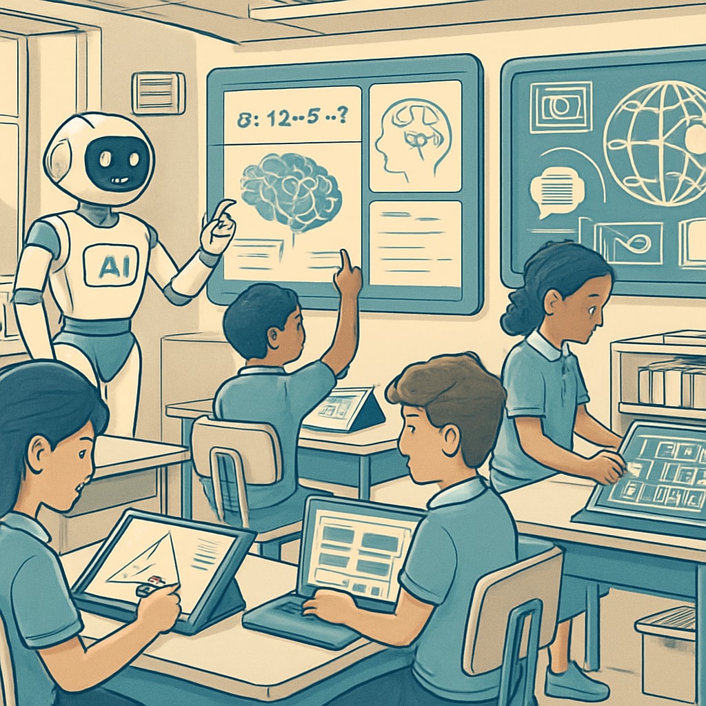 A futuristic classroom setting with AI-powered tools, students engaging with personalized learning platforms, and an advanced learning environment. AI-powered tools in a futuristic classroom setting enhancing personalized learning in school education.