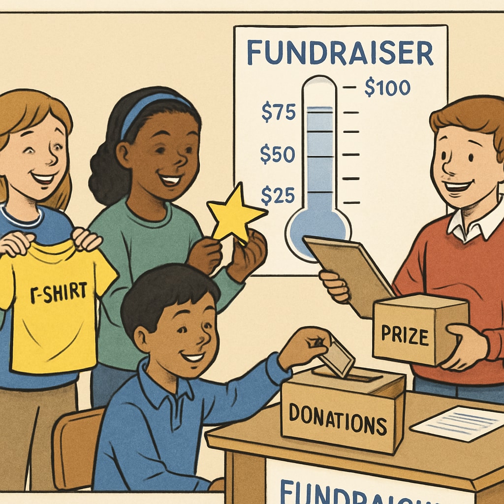 A group of students participating in a school fundraising event, with some receiving rewards based on their donation levels. Students at a school fundraising event showing rewards tied to donation tiers.