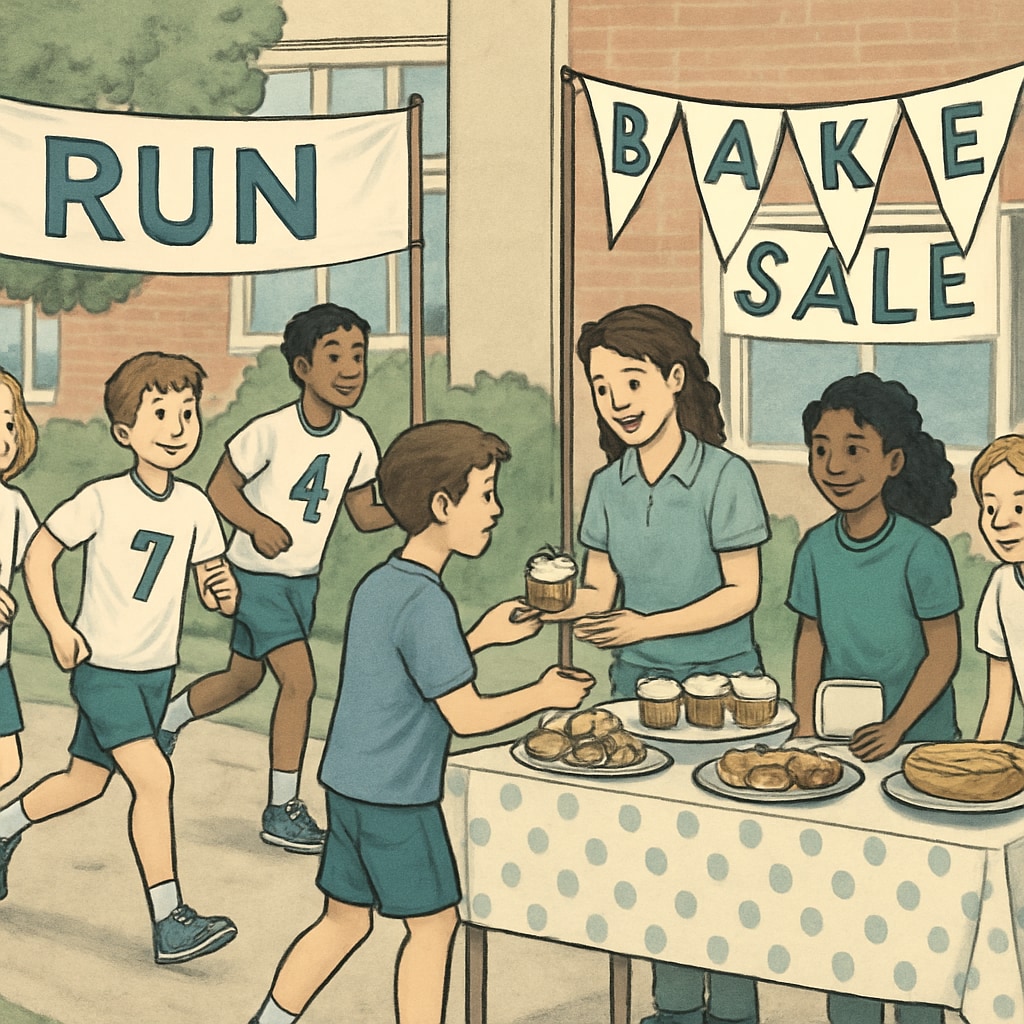 Students participating in a collaborative fundraising event, such as a fun run or bake sale. Students in a collaborative school fundraising activity promoting inclusivity.