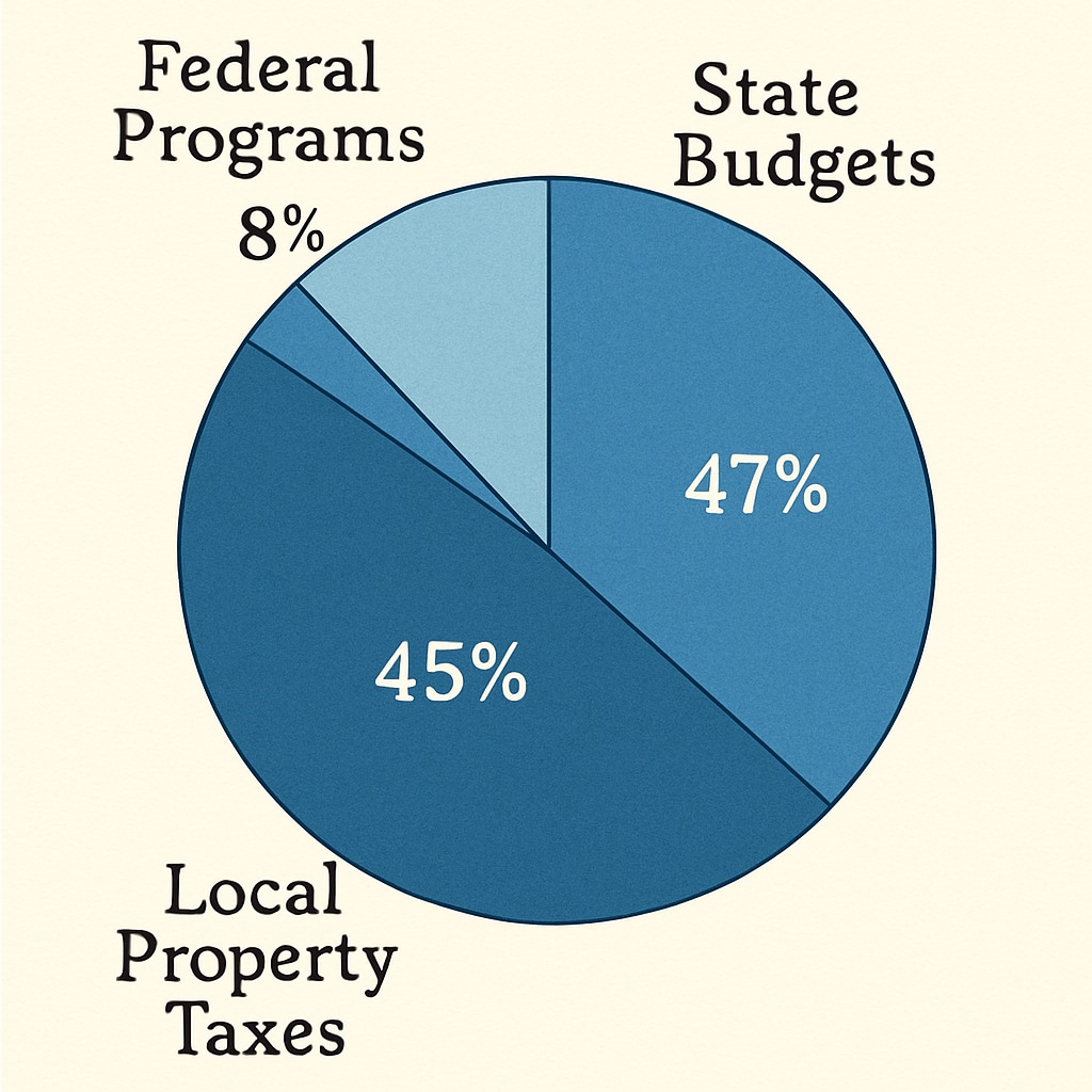 A detailed chart illustrating the breakdown of U.S. education spending across federal, state, and local levels. The chart includes labels for federal programs, state budgets, and local property taxes, highlighting their proportional contributions. Chart showing U.S. education spending across federal, state, and local levels.
