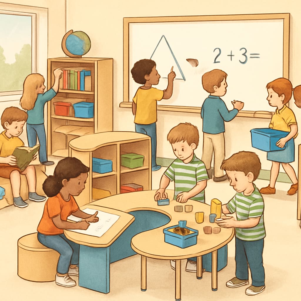 A classroom in an activity-based modular building with children adjusting to the new environment. Temporary modular classroom with children adapting to changes in their learning environment.