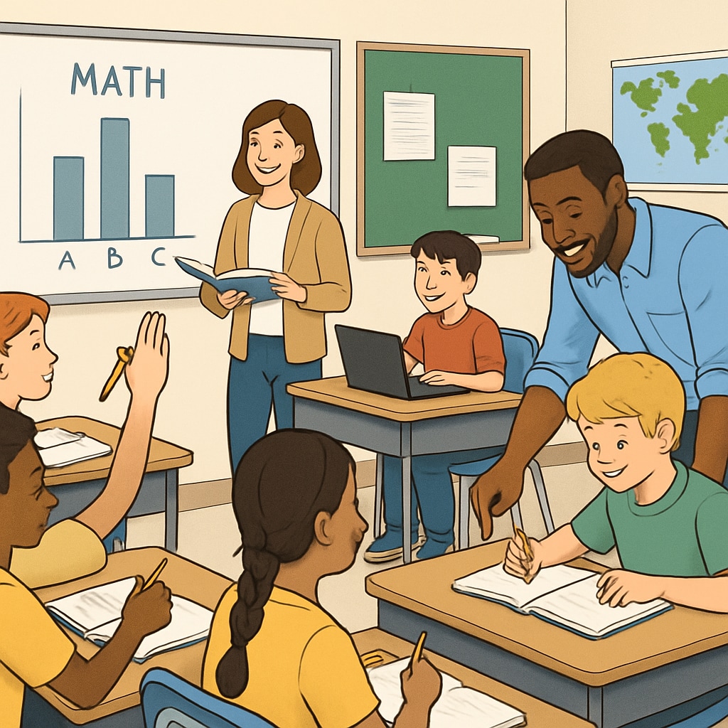 A modern public school classroom with students and teachers engaged in learning. Public school classroom in high-ranking district.