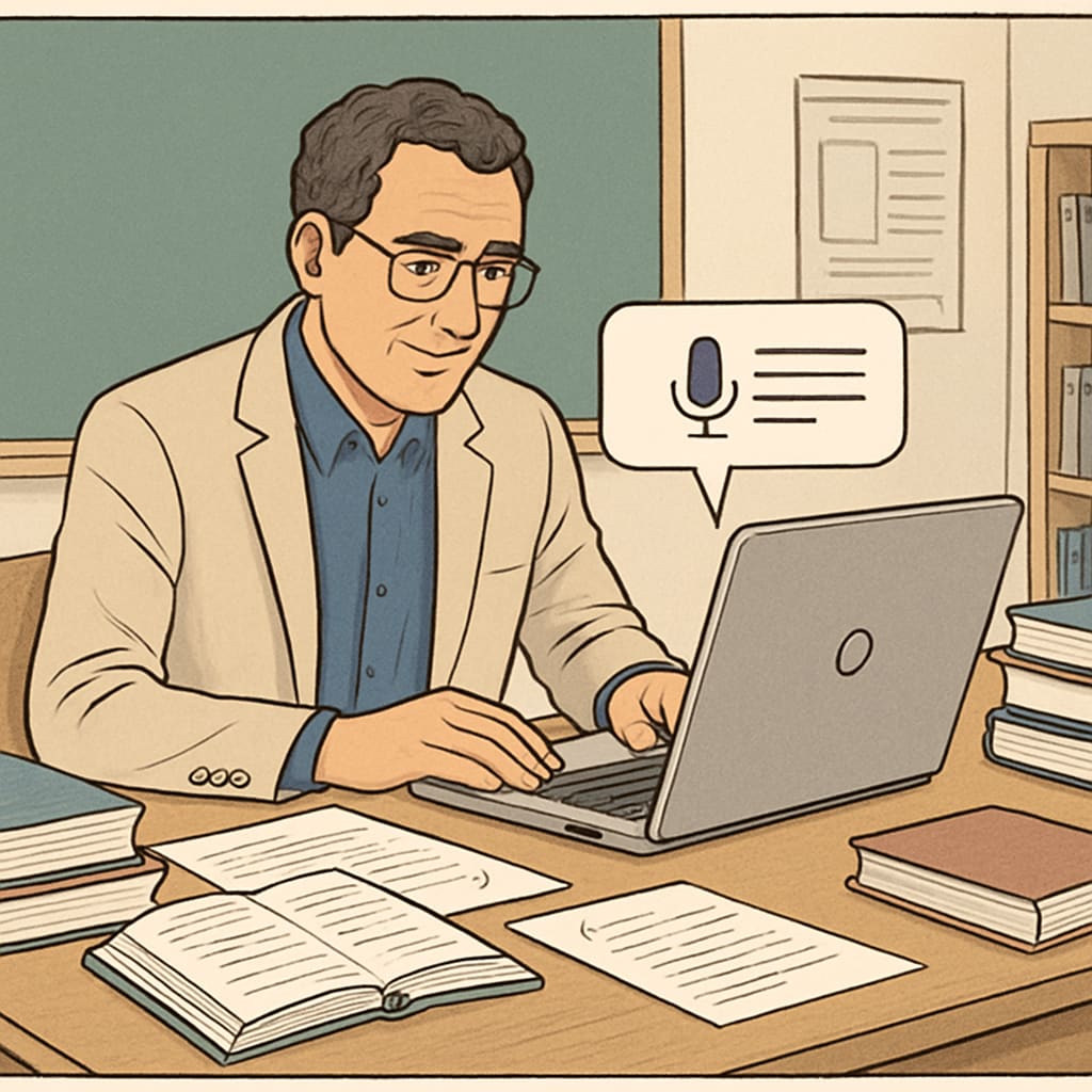 An educator using a speech-to-text tool on their laptop to provide student feedback efficiently. Teacher using speech-to-text technology for efficient student feedback.