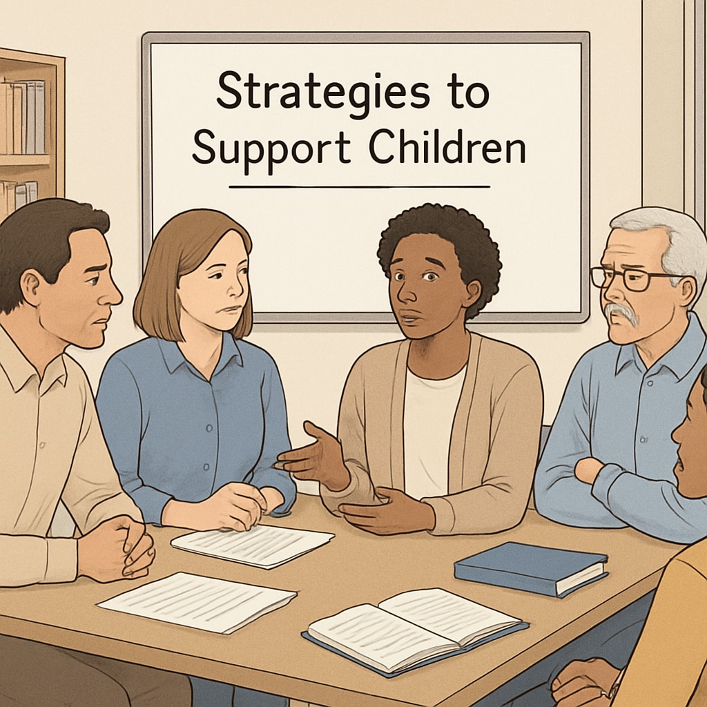 Parents and teachers discussing strategies to support children in temporary learning spaces. Parents and teachers collaborating on ways to help children navigate temporary school campuses.