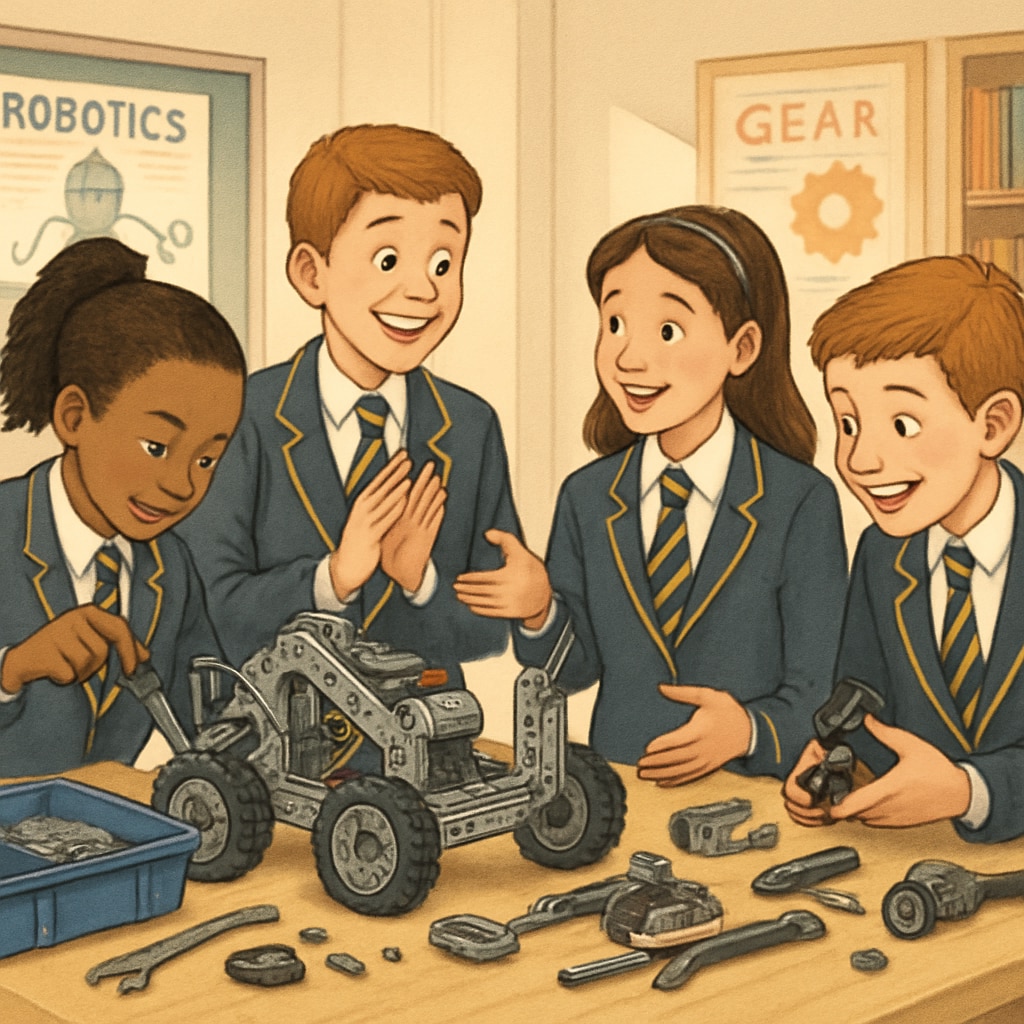 A group of private school students participating in a robotics competition. Private school students engaged in extracurricular activities.