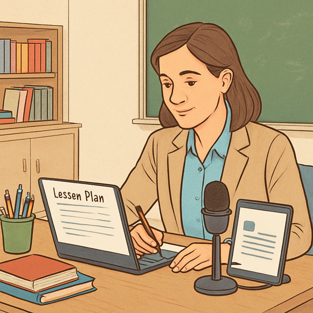 A teacher drafting a lesson plan using a speech-to-text technology tool like WillowVoice. Teacher creating lesson plans with speech-to-text technology.