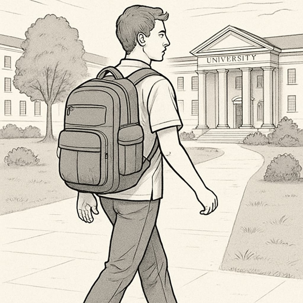College student with a spacious and practical backpack walking through campus.