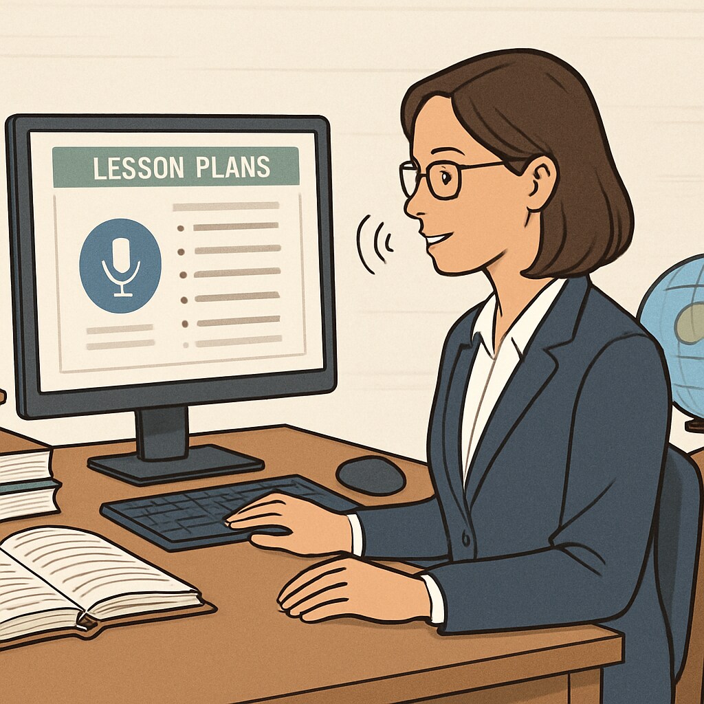A teacher using voice recognition software to create lesson plans on a computer screen. Teacher using WillowVoice for lesson planning efficiency.