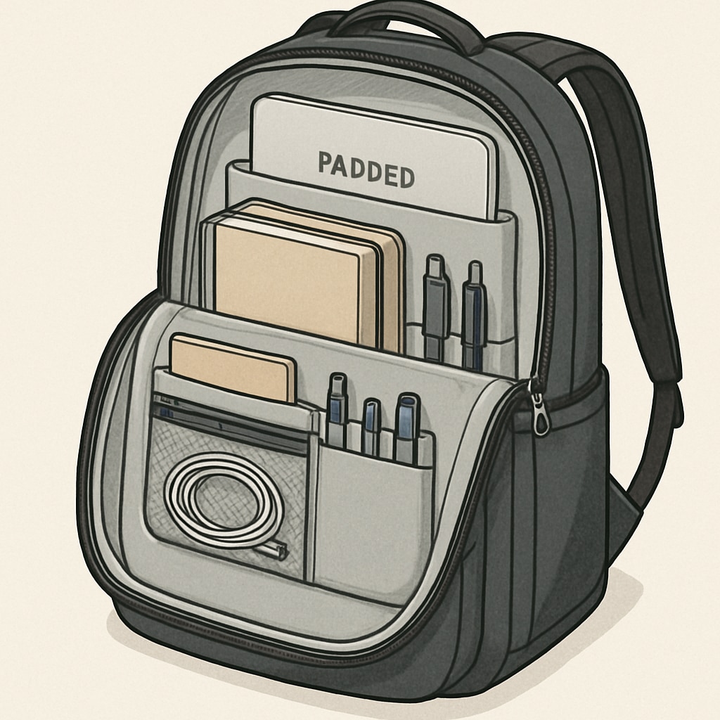 Detailed view of a college backpack with padded laptop compartment and organized sections.