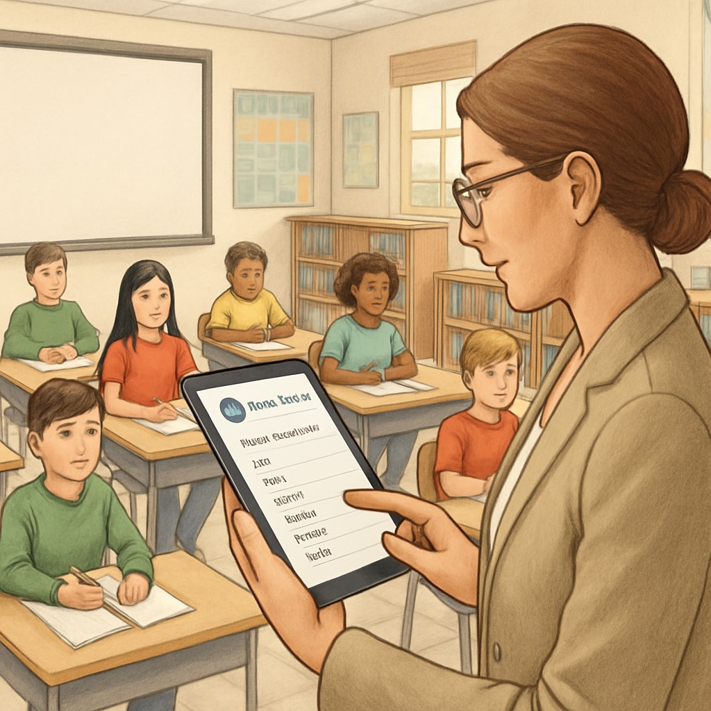 A classroom setting where a teacher uses a tablet with WillowVoice to record student attendance. Teacher leveraging WillowVoice for automating attendance records.