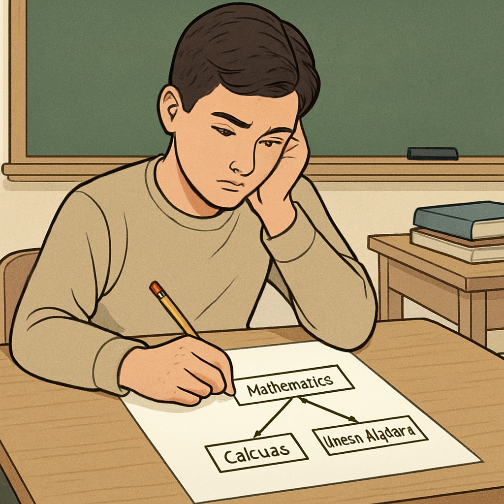 A high school student analyzing a decision tree for course selection, symbolizing the choice between calculus and linear algebra. High school student deciding between calculus and linear algebra for biostatistics career.