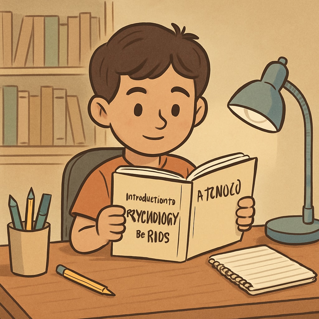 A young student reading a book titled A student learning psychology from beginner-friendly books