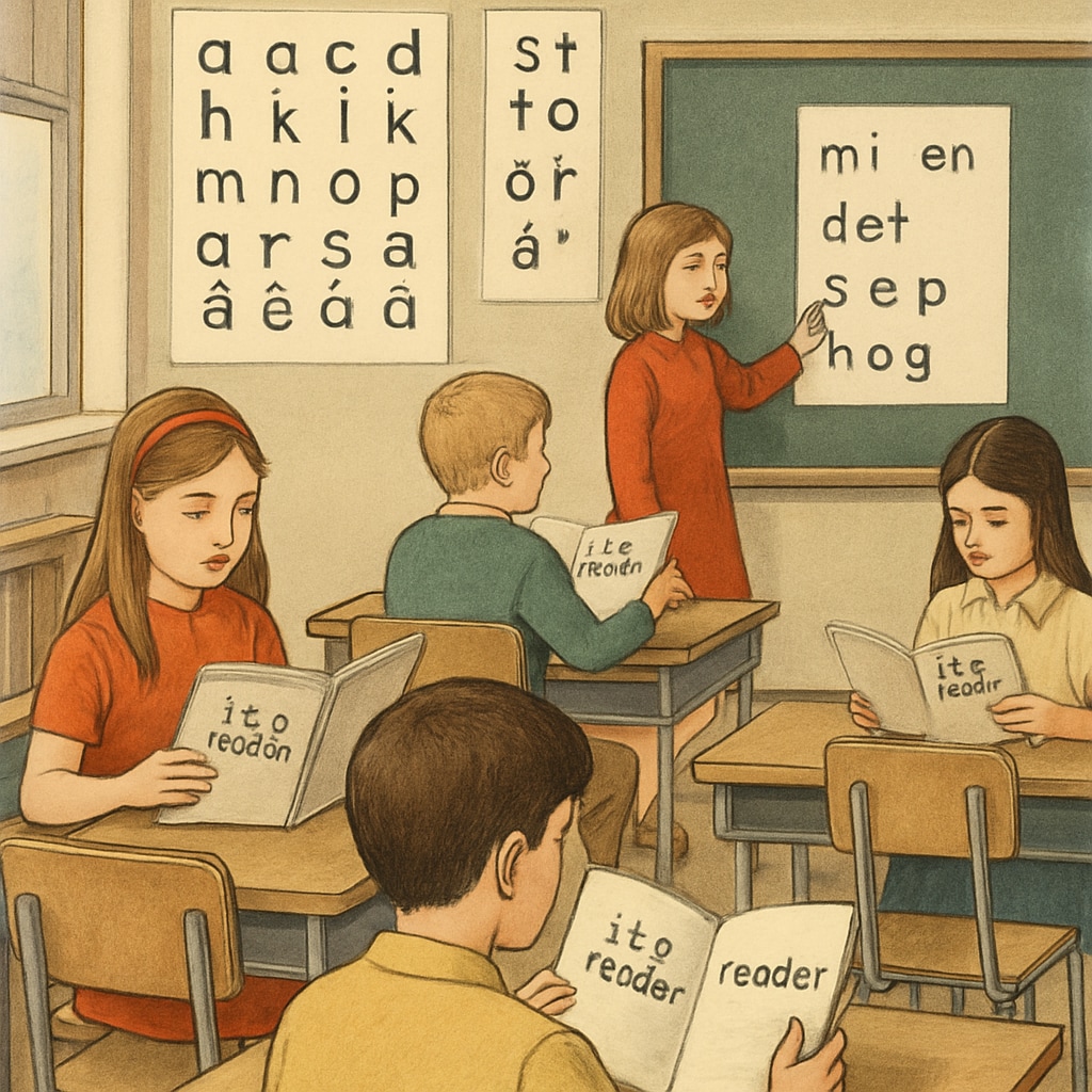 A vintage classroom in the 1970s where children are using ITA learning materials, including simplified alphabet charts and readers. A 1970s classroom featuring children learning with the Initial Teaching Alphabet (ITA).