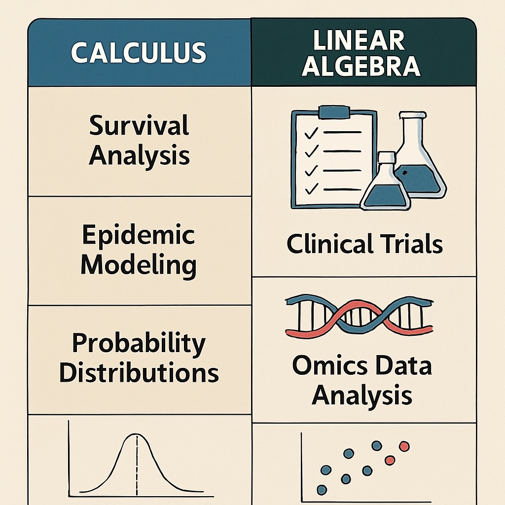 A comparison chart showing the applications of calculus and linear algebra in biostatistics-related fields. Chart comparing the roles of calculus and linear algebra in biostatistics.