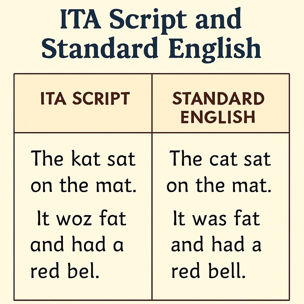 A side-by-side comparison of a text written in ITA script and the same text in standard English, highlighting the phonetic differences. Comparison of ITA script and traditional English text illustrating spelling differences.