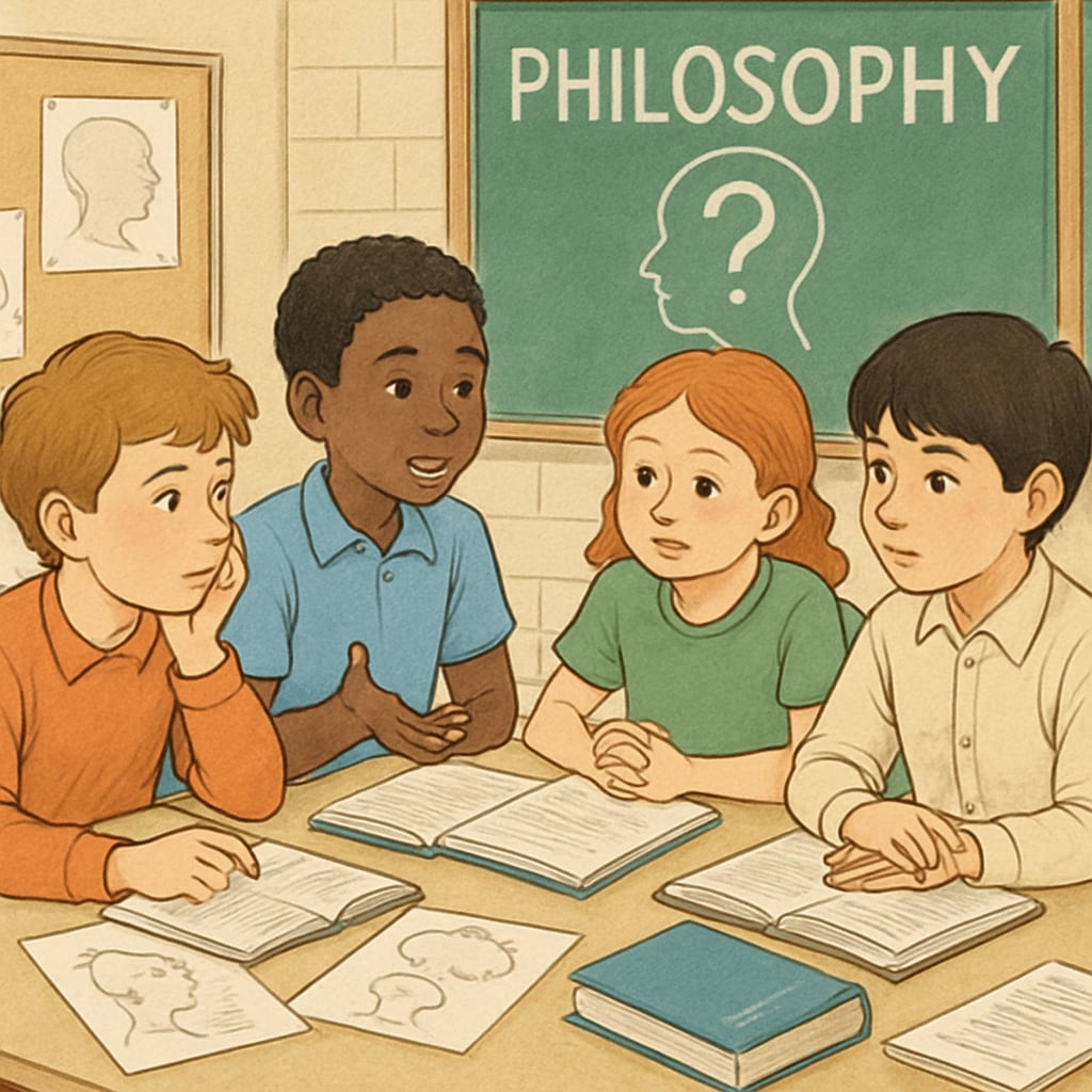 A group of children discussing philosophical ideas around a table with books and drawings. The image highlights collaborative and interactive learning methods. K12 students exploring philosophy through discussion